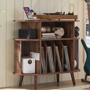 Adjustable Record Player Stand Charging Station, Fluted Display Shelf & Sliding Door, Turntable Cabinet with Vinyl Storage, 30 x 15.7 x 35.5 Inches - Brown