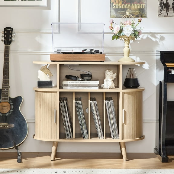 Adjustable Record Player Stand Charging Station, Fluted Display Shelf & Sliding Door, Turntable Cabinet with Vinyl Storage, 30 x 15.7 x 35.5 Inches - Natural Wood