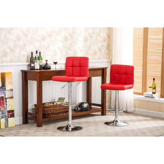 Adjustable Red Faux Leather Bar Stool Set of 2 for Living Room and Office with Footrest