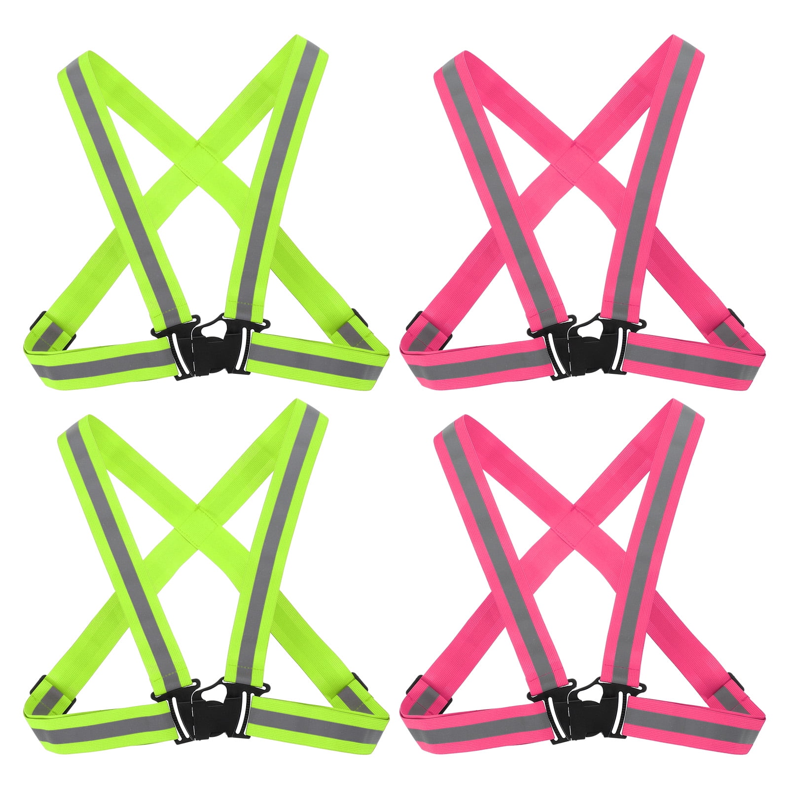 Adjustable Reflective Running vest Gear, 4 Pack High Visible reflective straps fit all ages, Green/Pink