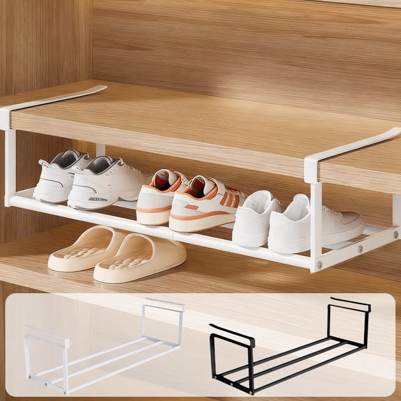 Adjustable Retractable Shoe Rack - Household Shoe Cabinet Layered Partition Shelf, Space-Saving Under-Cabinet Hanging Basket, Metal-Plastic Shoe Storage Rack for Closet & Entryway,28*8*5in, White