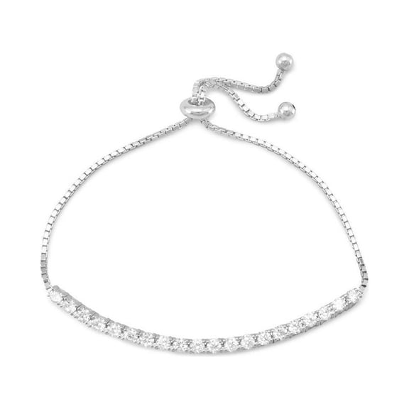Adjustable Rhod. P. Sterling Silver Box Chain Bracelet 3.75 Inch Cubic Zirconia Bar Cubic Zirconias