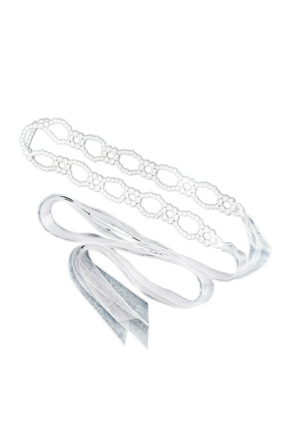 Adjustable Ribbon Tie Waist Belt Pearls Beaded Design Formal Occasion Accessory