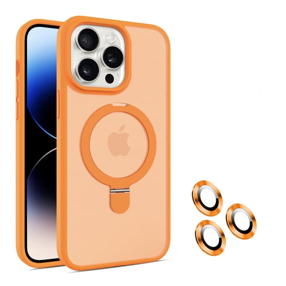 Adjustable Ring Holder for iPhone 16 Phone Case, Compatible with Magsafe Military Grade Shockproof Slim Clear Back Anti-scratch with Lens Protector for iPhone 16, Orange