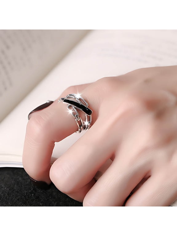 Adjustable Ring for Men & Women, 925 Sterling Silver Plated Chain Link Ring, Unisex Stacking Ring, Hypoallergenic Fashion Jewelry Gift, Modern Minimalist Cool Statement Ring