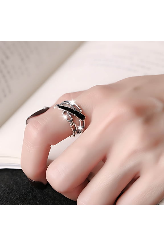 Adjustable Ring for Men & Women, 925 Sterling Silver Plated Chain Link Ring, Unisex Stacking Ring, Hypoallergenic Fashion Jewelry Gift, Modern Minimalist Cool Statement Ring