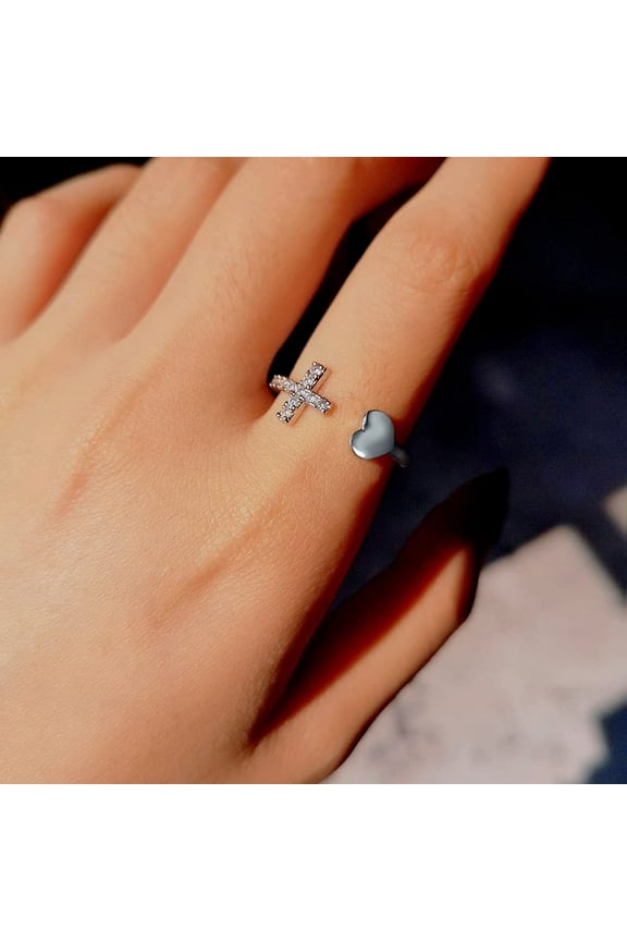 Adjustable Rings for Women, Stackable Rings, Opening Ring for Women, Cross Ring for Women, Christian Rhinestone Double Cross Ring, Silver
