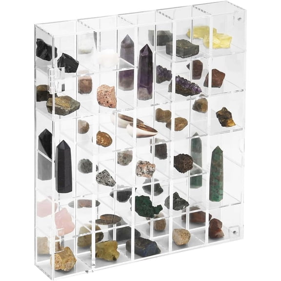 Adjustable Rock Display Case Clear Acrylic Collection Box with Mirrored Arrowhead Stones Storage Mineral Crystal Collectibles Holder Organizer Showcase Shelves Lid