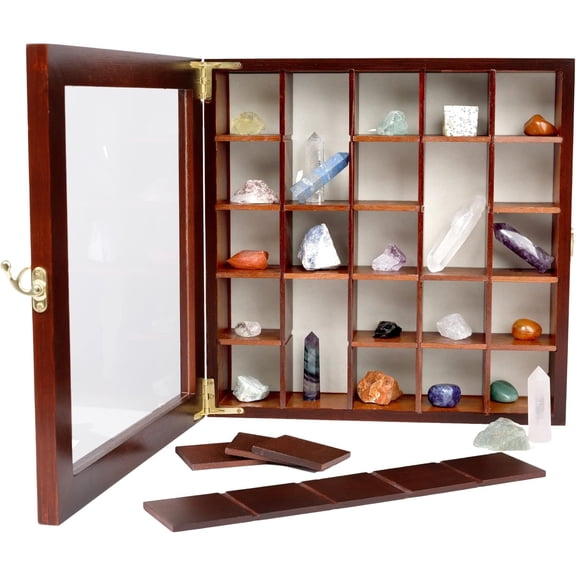 Adjustable Rock Display Case - Rock Collection Box with Fabric Bed for Mineral Display - Dark-Finish Shadow Box with Shelves for Crystal Storage