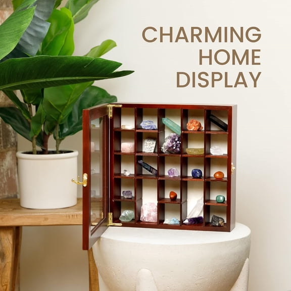 Adjustable Rock Display Case - Rock Collection Box with Fabric Bed for Mineral Display - Dark-Finish Shadow Box with Shelves for Crystal Storage