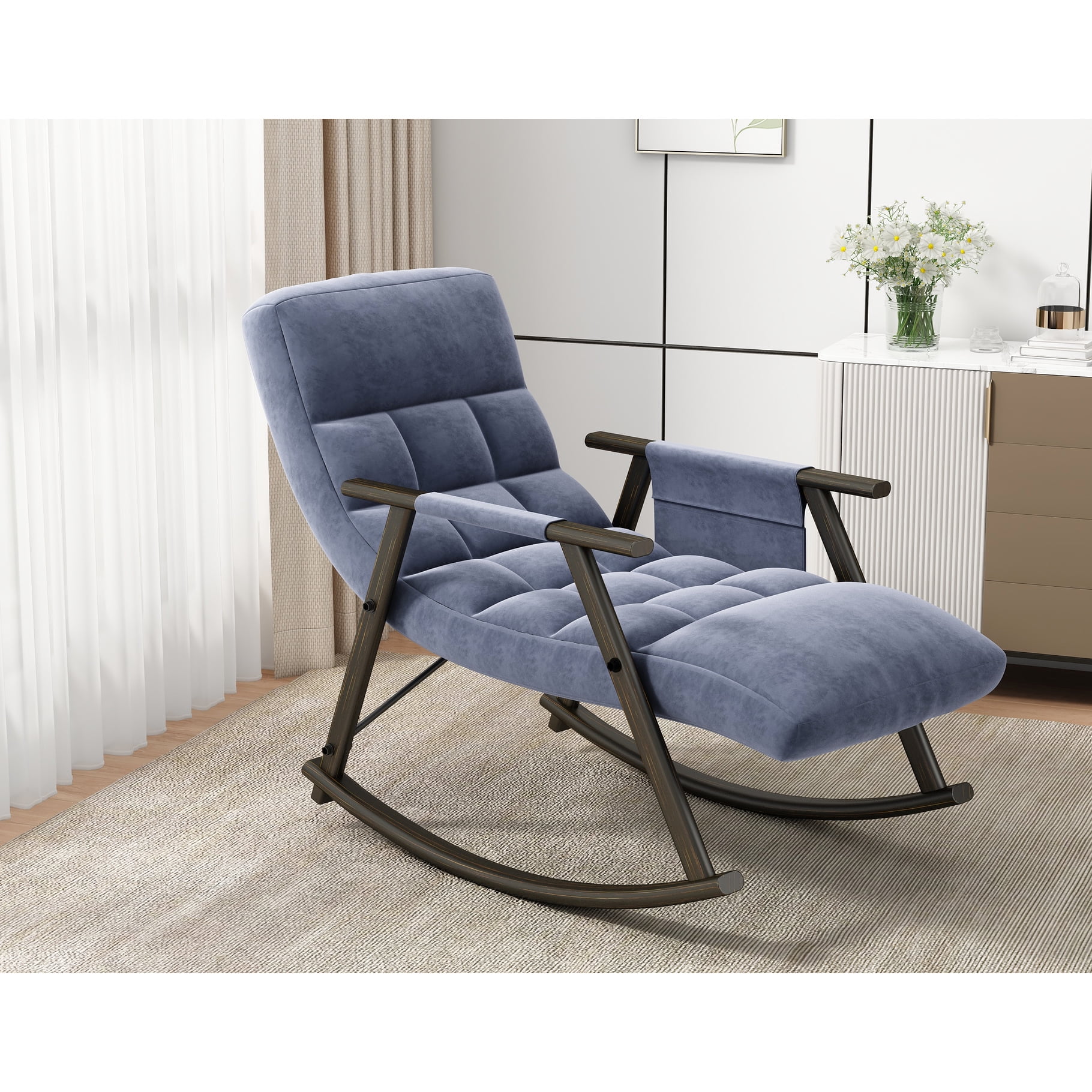 Adjustable Rocking Chair In Blue Velvet For A Customized Experience ...