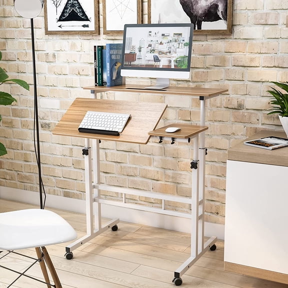 Adjustable Rolling Desk Standing Desk, Sit-Stand Desk Cart Mobile Computer Desk Stand Up Desk Office Desk Riser Standing Table Workstation Mobile Desk, Oak