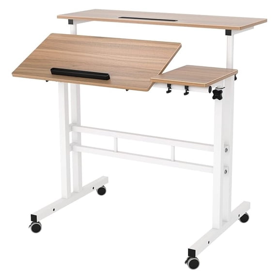 Adjustable Rolling Desk Standing Desk, Sit-Stand Desk Cart Mobile Computer Desk Stand Up Desk Office Desk Riser Standing Table Workstation Mobile Desk, Oak