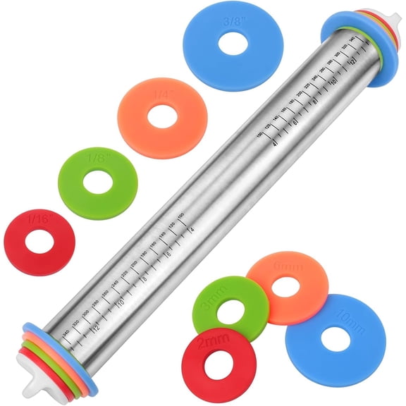 Adjustable Rolling Pin with Thickness Rings for Baking, 4 Sizes Removable Rings, Stainless Steel Dough Roller with Adjustable Thickness Rings for Baking Fondant, Pizza, Pie, Pastry, Pasta, Cookies