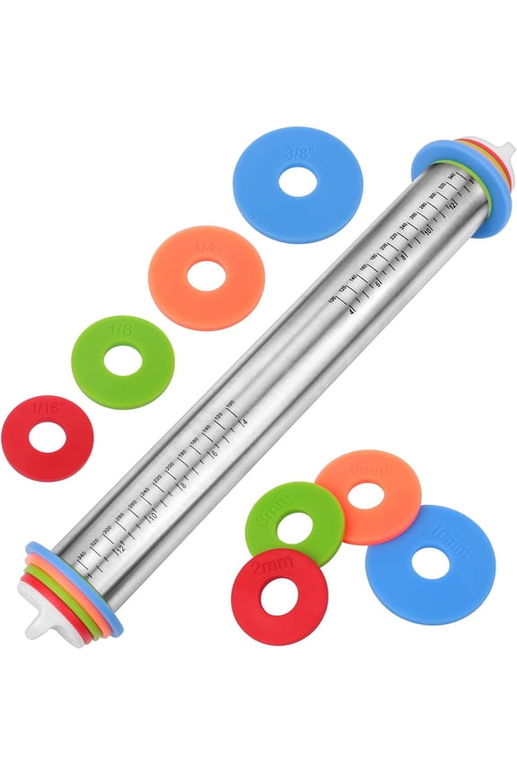 Adjustable Rolling Pin with Thickness Rings for Baking, Stainless Steel Designs Dough Roller Pins for Cookie Decorating Baking Supplies Fondant Cake Baker Gift