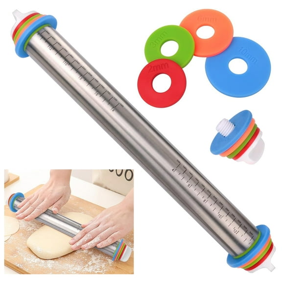 Adjustable Rolling Pin with Thickness Rings for Baking, Stainless Steel Designs Dough Roller Pins for Cookie Decorating Baking Supplies Fondant Cake Baker