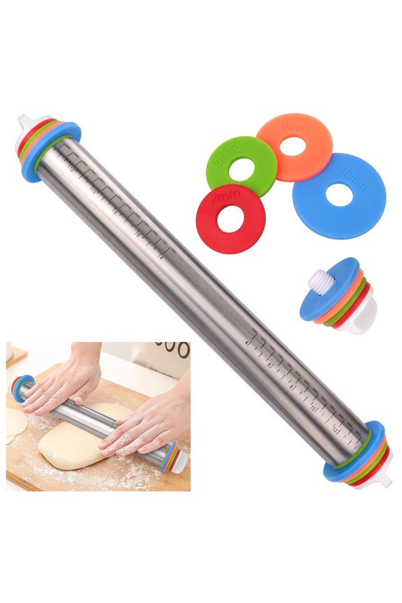 Adjustable Rolling Pin with Thickness Rings for Baking, Stainless Steel Designs Dough Roller Pins for Cookie Decorating Baking Supplies Fondant Cake Baker