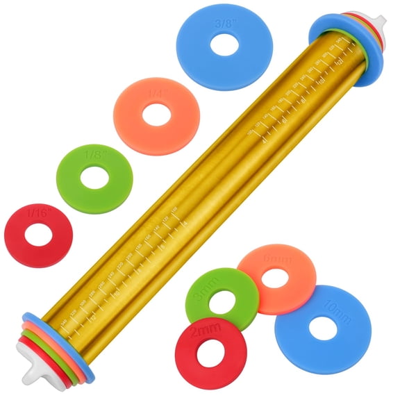 Adjustable Rolling Pin with Thickness Rings for Baking, Stainless Steel Designs Dough Roller Pins for Cookie Decorating Baking Supplies Fondant Cake Baker