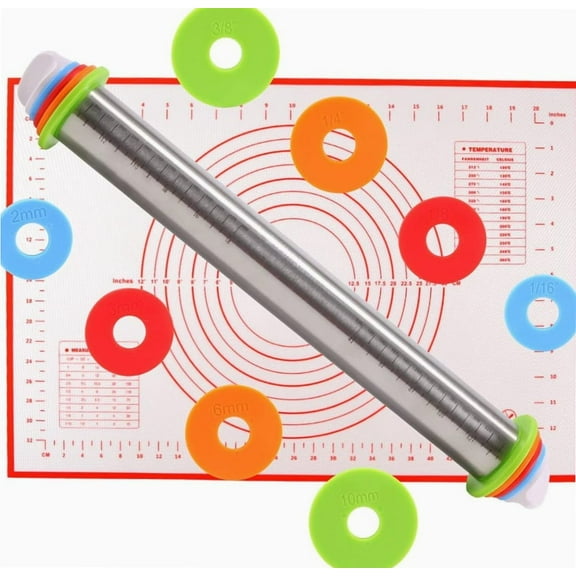 Adjustable Rolling Pin with Thickness Rings(Red Mat Set) Non Stick Stainless Steel Dough Roller-Great for Making Pizza Cutout Cookies Pastry Dough Fondant Cake Pie Crust