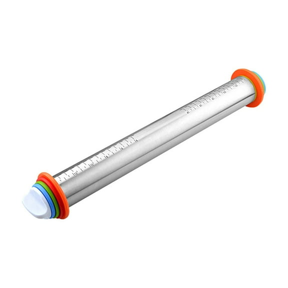 Adjustable Rolling Pin with Thickness Rings - Stainless Steel Dough Roller for Baking, 4 Interchangeable Sizing Bands for Cookies, Pasta, Fondant, Pizza & Pie Crusts - Nonstick Baker's Tool