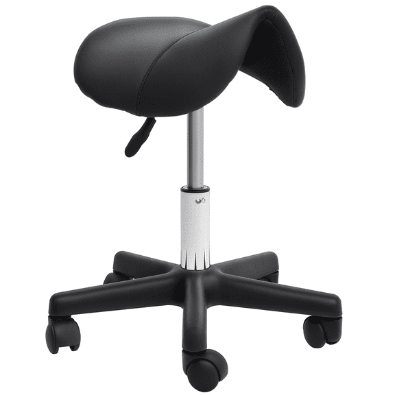 Adjustable Rolling Saddle Stool Chair | Ergonomic Faux Leather Swivel Seat with Wheels | Black | Ideal for Salon, Spa, Massage, Office, Tattoo Studio