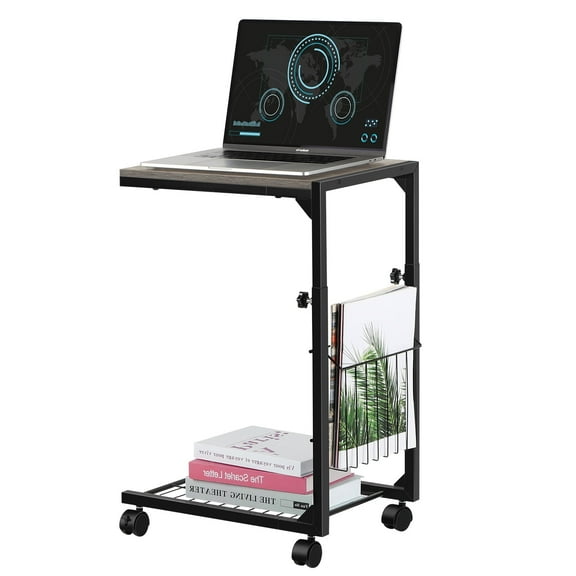 Adjustable Rolling Side Table with Storage Basket, Mobile End Table for Living Room, Bedroom, Office