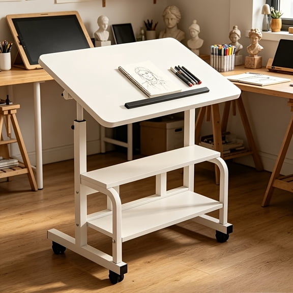 Adjustable Rolling Sit Stand Computer Desk Double Storage Tilting Desktop Lockable Wheels