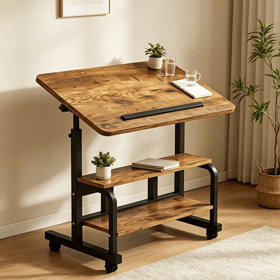 Adjustable Rolling Sit Stand Computer Desk Double Storage Tilting Desktop Lockable Wheels