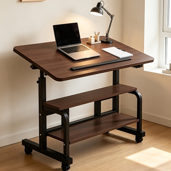 Adjustable Rolling Sit Stand Computer Desk Double Storage Tilting Desktop Lockable Wheels