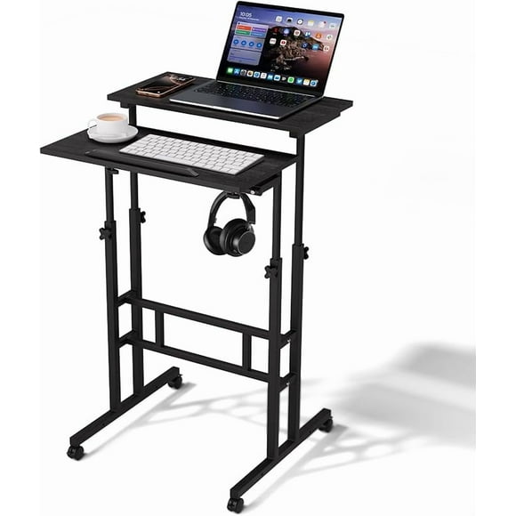 Adjustable Rolling Standing Desk with Wheels, Mobile Laptop Table with Tilt Desktop, Sit or Stand Workstation for Home Office & Walking Pad, Black
