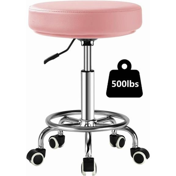 Adjustable Rolling Stool with Wheels Heavy Duty 500lb Round RollingStool with Footrest, Patent Leather Drafting Stool Chair with Wheels Work Spa Salon Seat, Pink