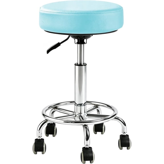 Adjustable Rolling Stool with Wheels Heavy Duty Round RollingStool with Footrest, Patent Leather Drafting Stool Chair with Wheels Work Spa Salon Seat,Blue