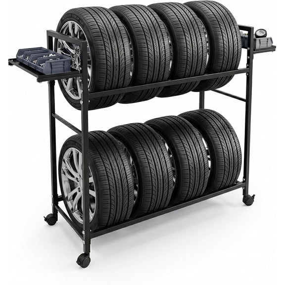 Adjustable Rolling Tire Rack for Garage, 44"x44"x18", Black Steel | Tire Storage Rack, Heavy Duty Tire Cart, 4 Swivel Casters, 2 Locking Wheels, 2 Shelves, 500 lbs Capacity Mobile Floor Rack