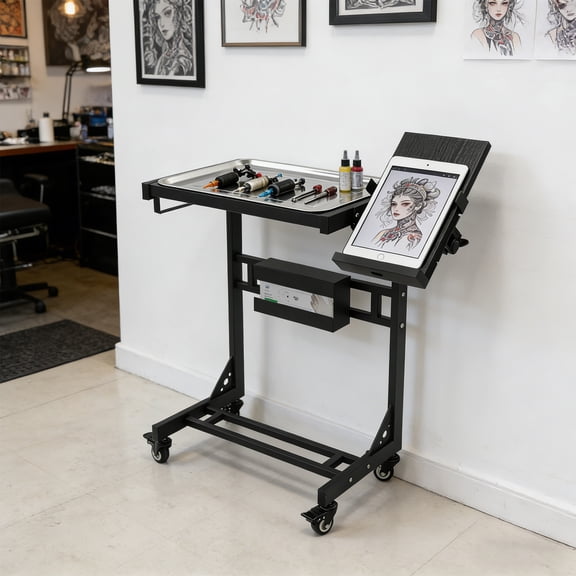 Adjustable Rolling Tool Tray Cart with Removable Tray & Locking Wheels, 2 Tier Mobile Salon Workstation for Tattoo Studio Clinic Shop