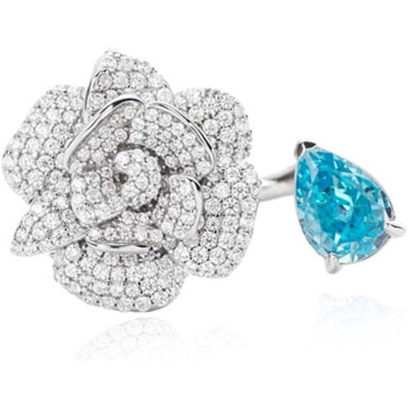 Adjustable Rose Flower Engagement Rings for Women Blue and Clear CZ Statement Rings S925 Sterling Silver Open Lab Grown Diamond Rings for Women Mixed-Cut Gemstone Rings