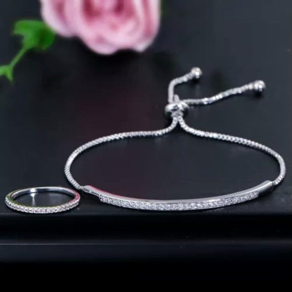 Adjustable Rose Gold Plated Cubic Zirconia Ring Bracelet for Women Jewelry Set