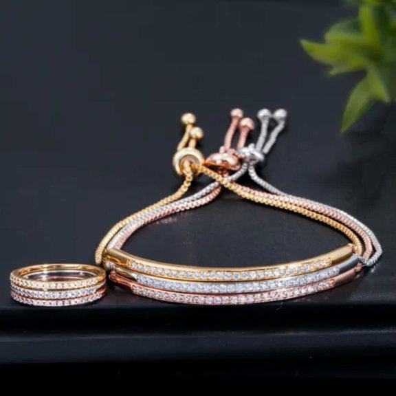 Adjustable Rose Gold Plated Cubic Zirconia Ring Bracelet for Women Jewelry Set