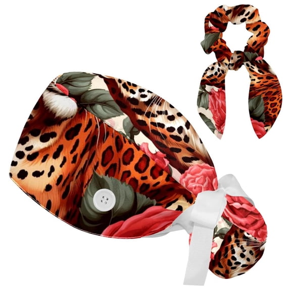 Adjustable Rose Leopard Scrub Cap, Working Hat Hair Cover with Ponytail Pouch, Soft Bouffant Surgical Nurse Cap