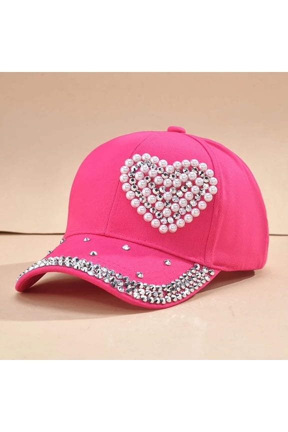 Adjustable Rose Pink Baseball Cap with Faux Pearl Heart Accents - Stylish All-Season Women's Fashion Accessory, Breathable Polyester Fabric, Baseball Cap