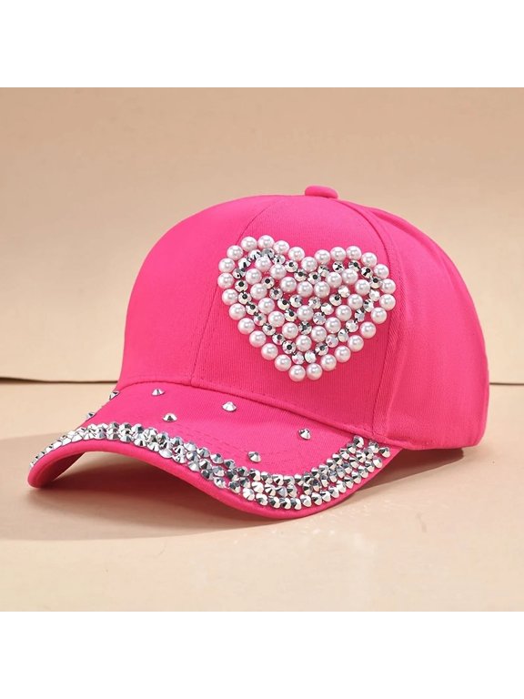 Adjustable Rose Pink Baseball Cap with Faux Pearl Heart Accents - Stylish All-Season Women's Fashion Accessory, Breathable Polyester Fabric, Baseball Cap