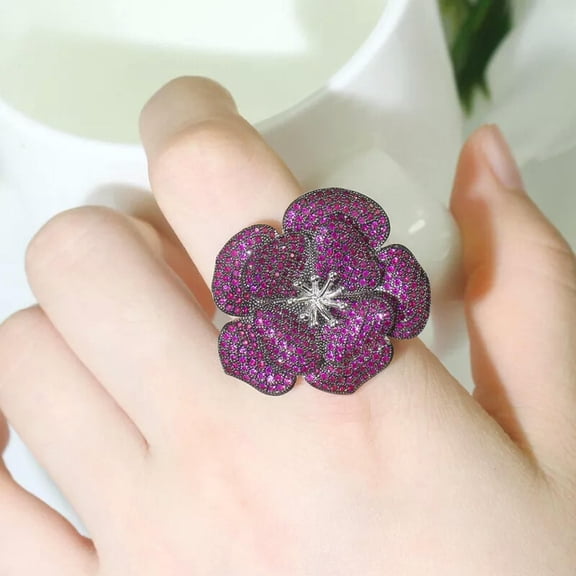 Adjustable Rose Red CZ Big 3D Flower Ring for Women Pageant Black Gold Jewelry