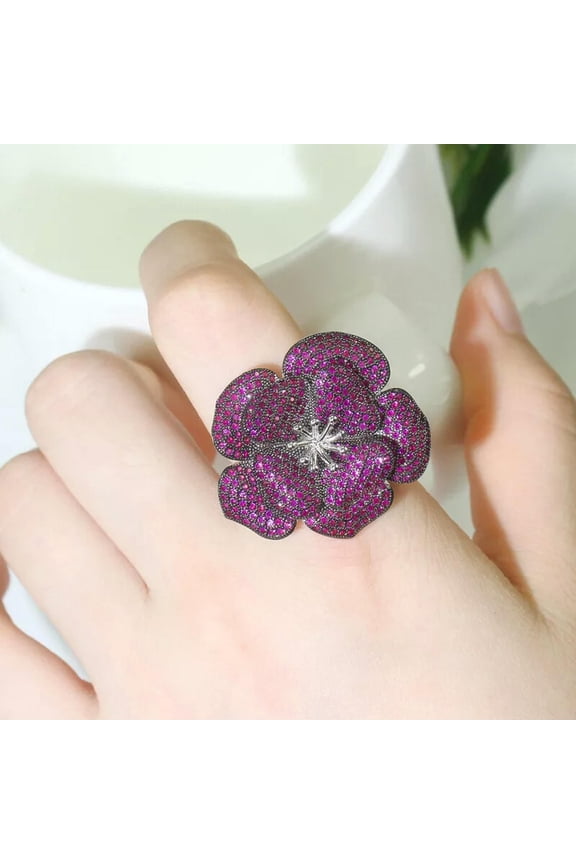 Adjustable Rose Red CZ Big 3D Flower Ring for Women Pageant Black Gold Jewelry