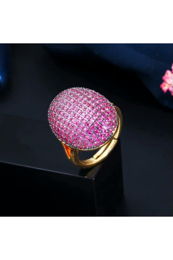 Adjustable Rose Red Cubic Zircon CZ Large Ring Multi-Tone Gold Plated for Women