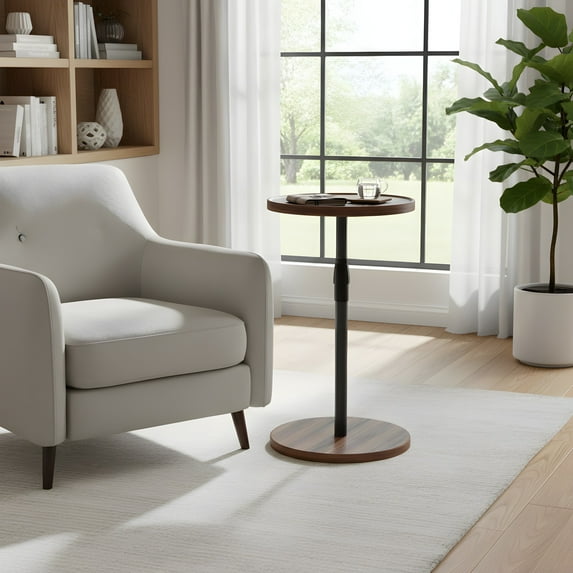 Adjustable Round Side Table - Small Space Nightstand - Brown Pedestal Design