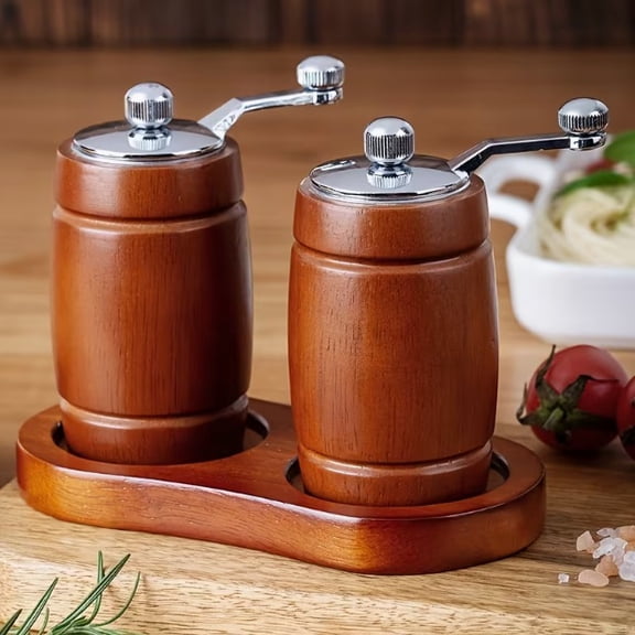 Adjustable Salt and Pepper Grinder Set with Tray - 2-Pack, Rubberwood Base, Easy to Refill, Perfect for Home Kitchen and Gift for Home Chefs