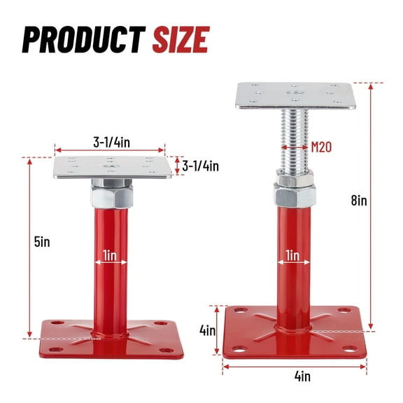 Adjustable Screw Jacks for House Floors, with a Height Range of 5-8 Inches, Designed for Leveling Basement Floors, Capable of Supporting Up to 5000 Lbs, Sold in Pairs