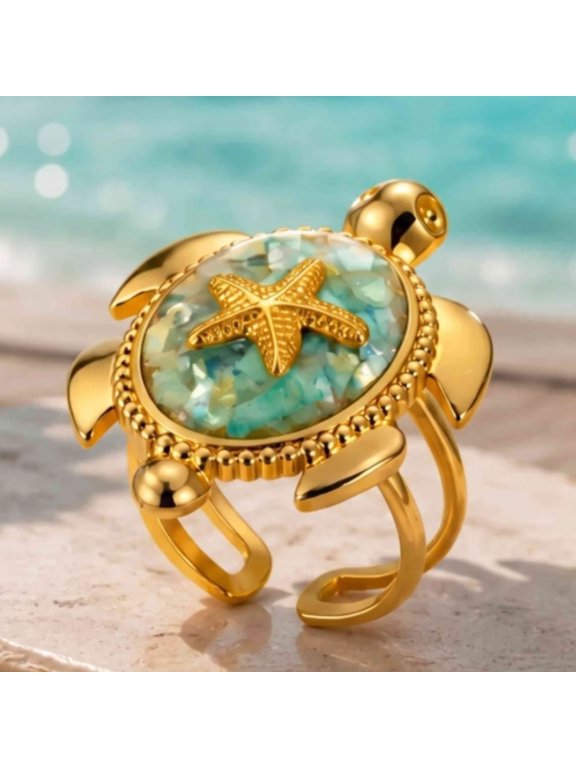 Adjustable Sea Turtle Starfish Ring for Women, 18K Gold-Tone Plated Stainless Steel Open Ring, Ocean Statement Jewelry with Crushed Shell Inlay, Beach Summer Daily Wear