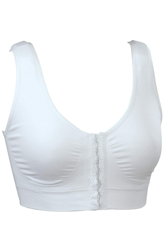 Adjustable Seamless Front Hook Comfort Bra, Front Hook Closure, Wide Comfort Straps - Medium, White