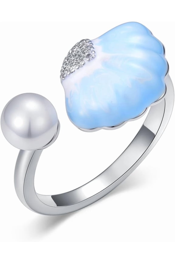 Adjustable Seashell Ring Ocean Shell Open Ring Blue White Shell Pearl Jewelry Gifts for Women