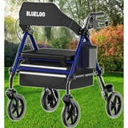 Bluelog Rolling Walker, Adjustable Seat & Handle Heights, Extra-Wide Memory Foam Seat 4-Wheel Rollator with 350 lb Limit